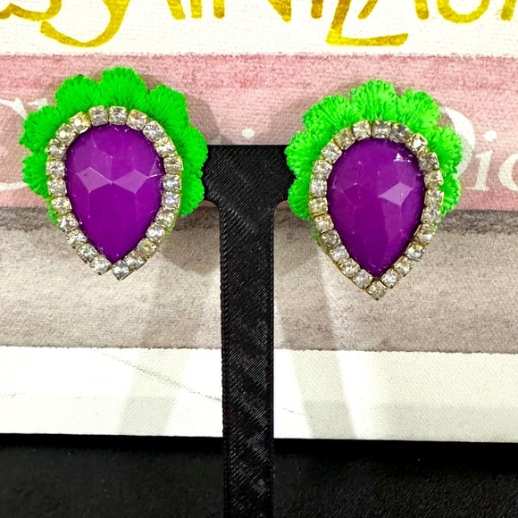 Jewelry - Purple Gem & Green Leaf Statement Earrings
